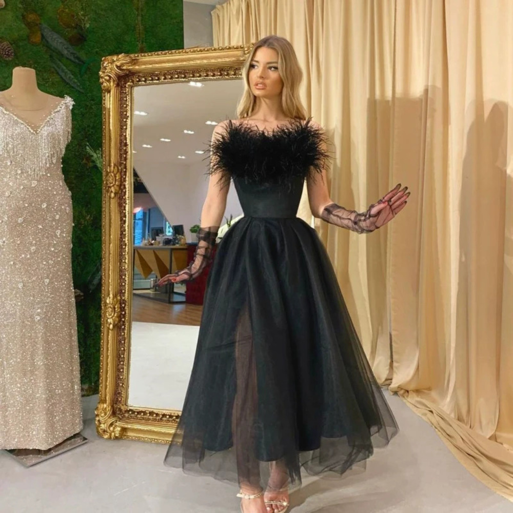 Spring Summer Women Feather Spaghetti Strap Mesh Evening Dress